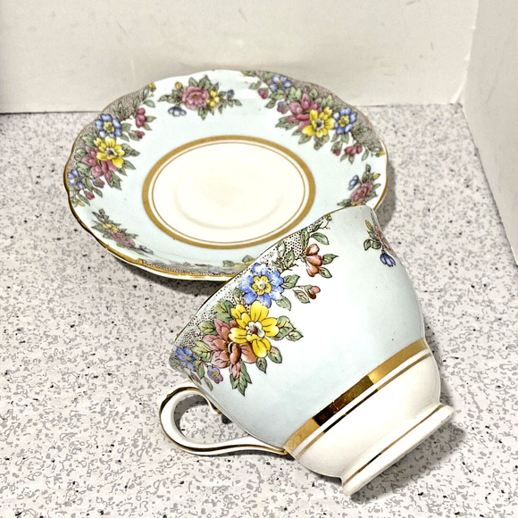 Colclough England Bone China Footed Tea Cup & Saucer Set Pale Blue & Floral - Picture 5 of 9